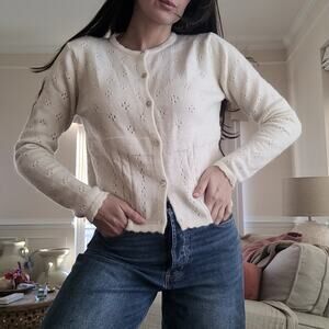 Q House Ivory Pointelle Cardigan Sweater Sz S